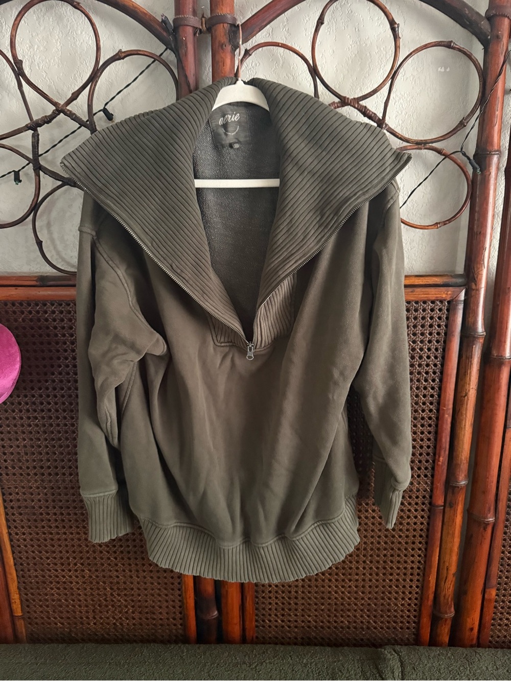 aerie Olive Half-Zip Ribbed Collar Sweater